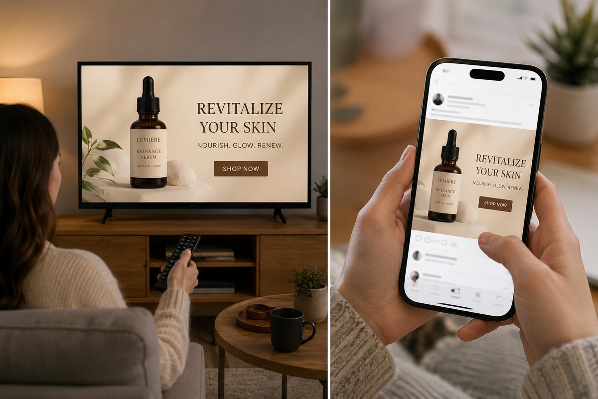 The same ad creative running on a living-room television and again in a social feed on the viewer's phone.
