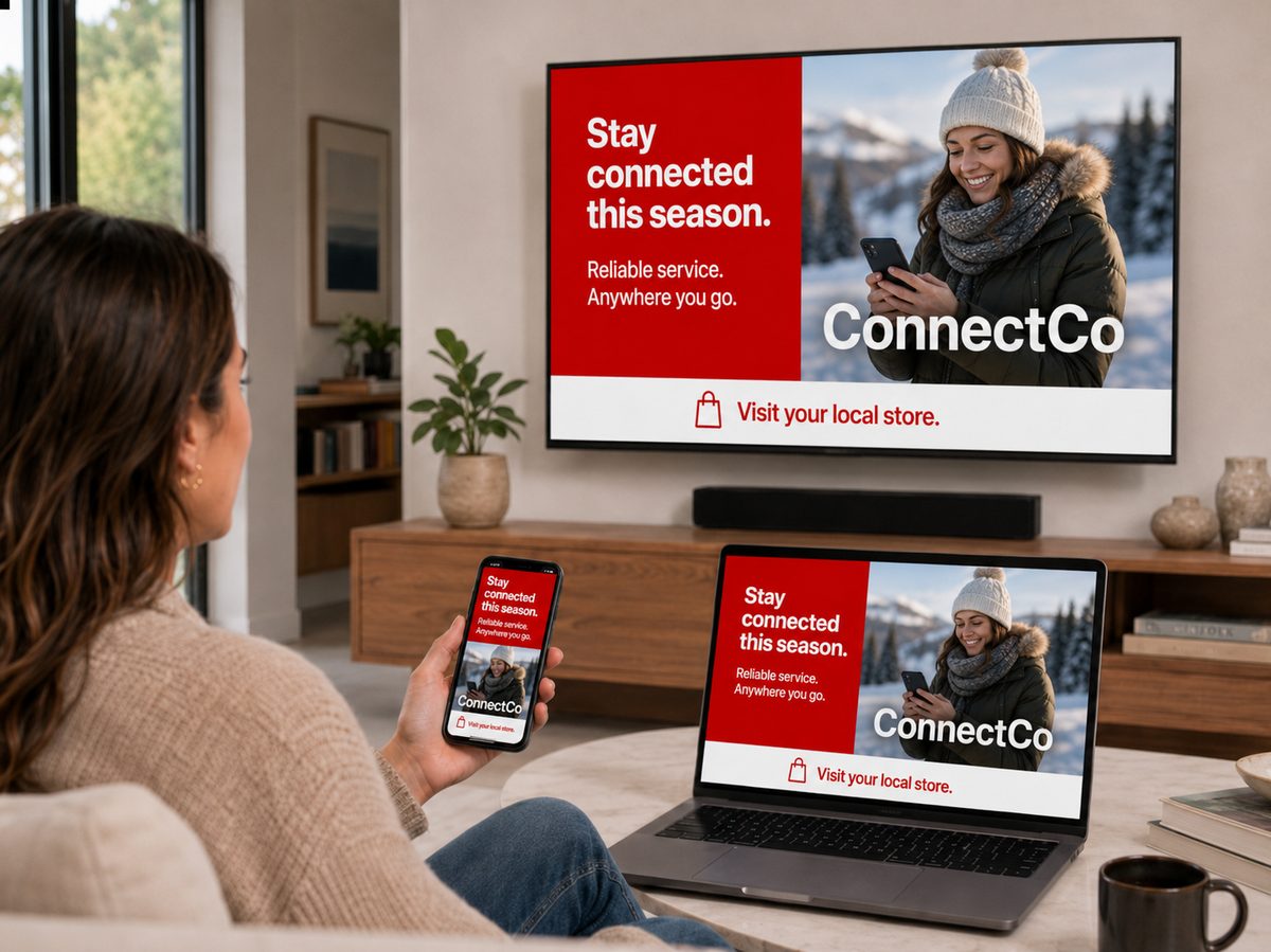 The same ad creative reappearing at home across a living-room TV, a laptop and a phone.