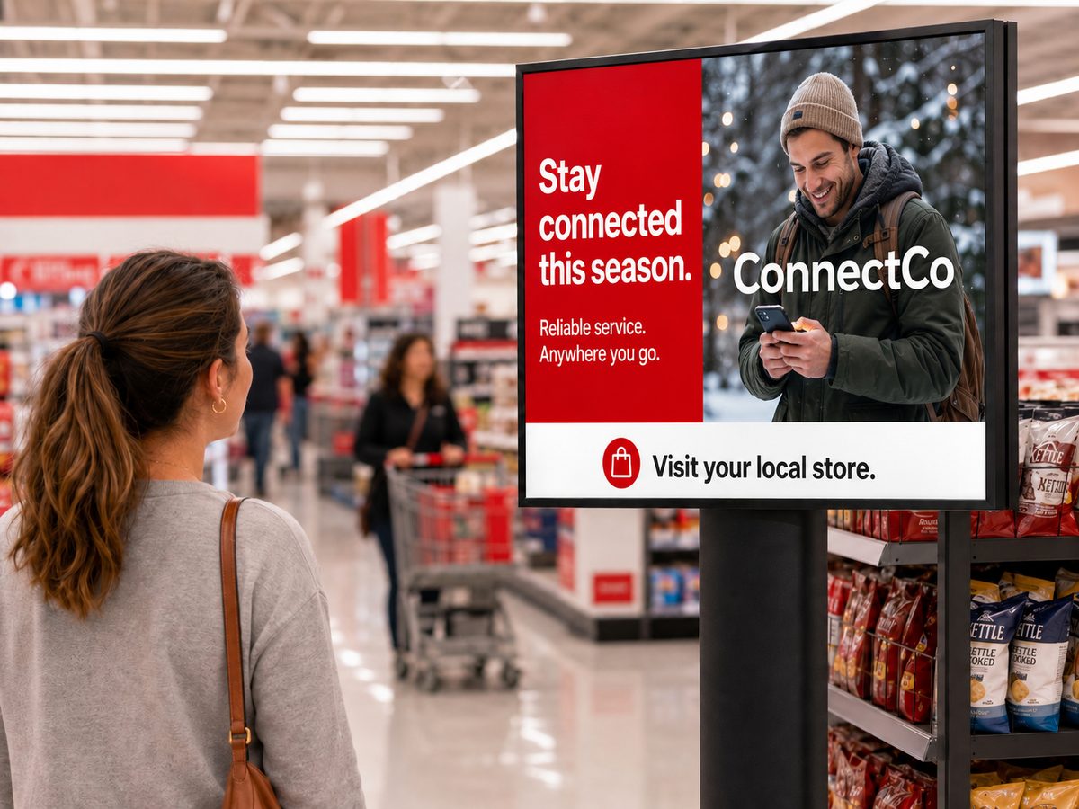 A shopper in a grocery aisle looking at a large in-store digital screen running a brand campaign.
