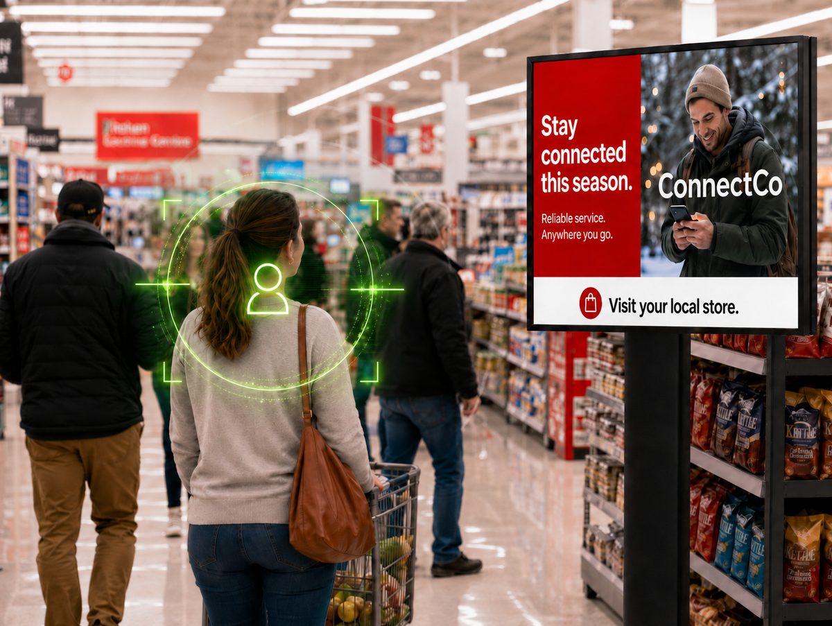 The same in-store scene with a targeting overlay identifying the shopper who was actually there.