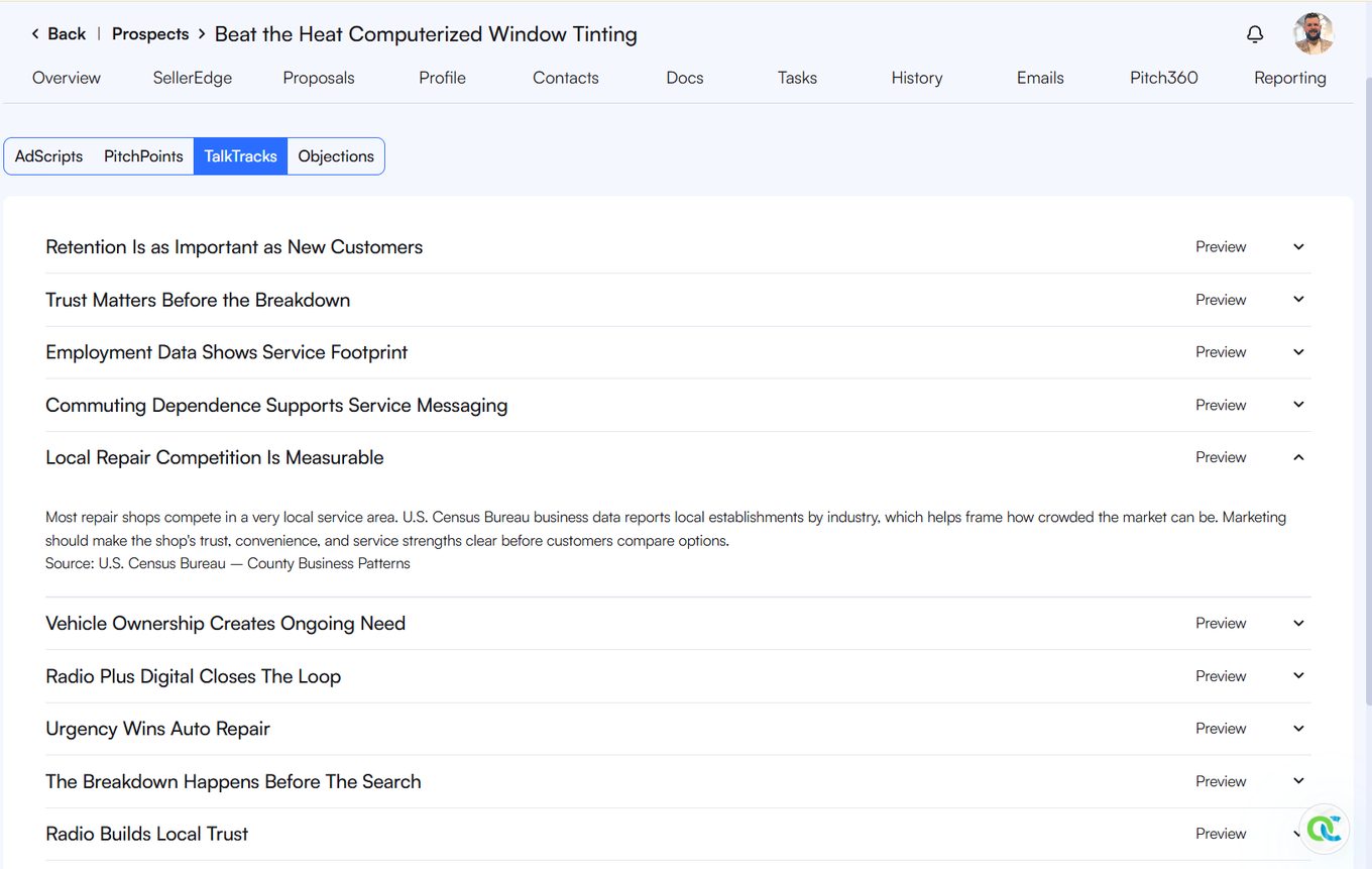 SellerEdge TalkTracks: guided talking points, pitch angles and objection handling for the selected business category.