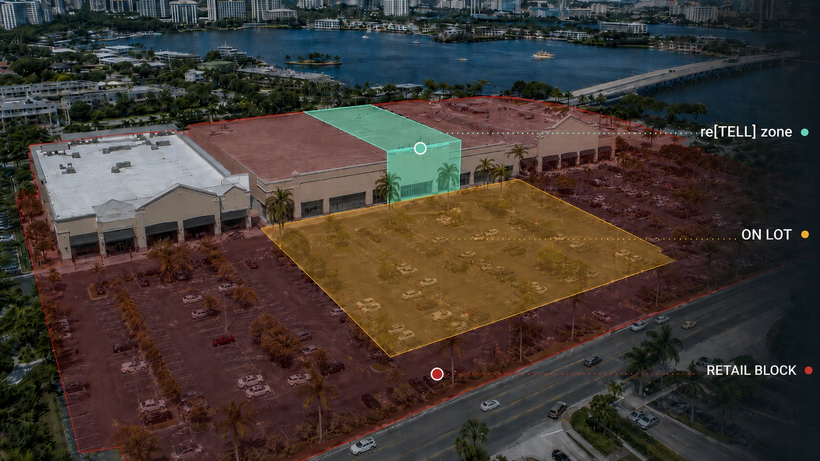 Aerial view of a retail center with re[TELL] targeting zones highlighted — the re[TELL] zone, the on-lot audience, and the surrounding retail block.