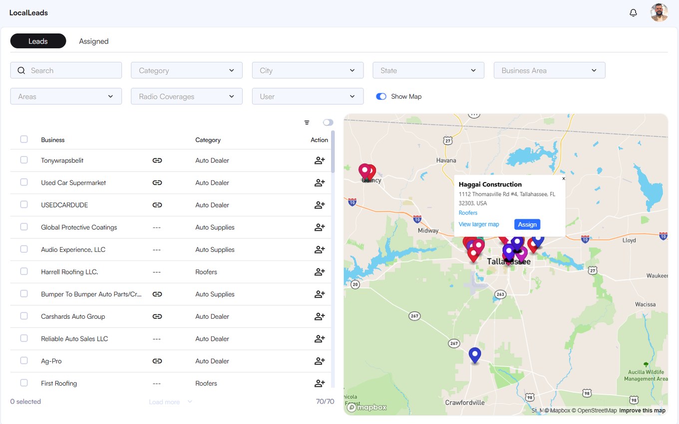 LocalLeads list beside a map of verified business listings across the coverage area.