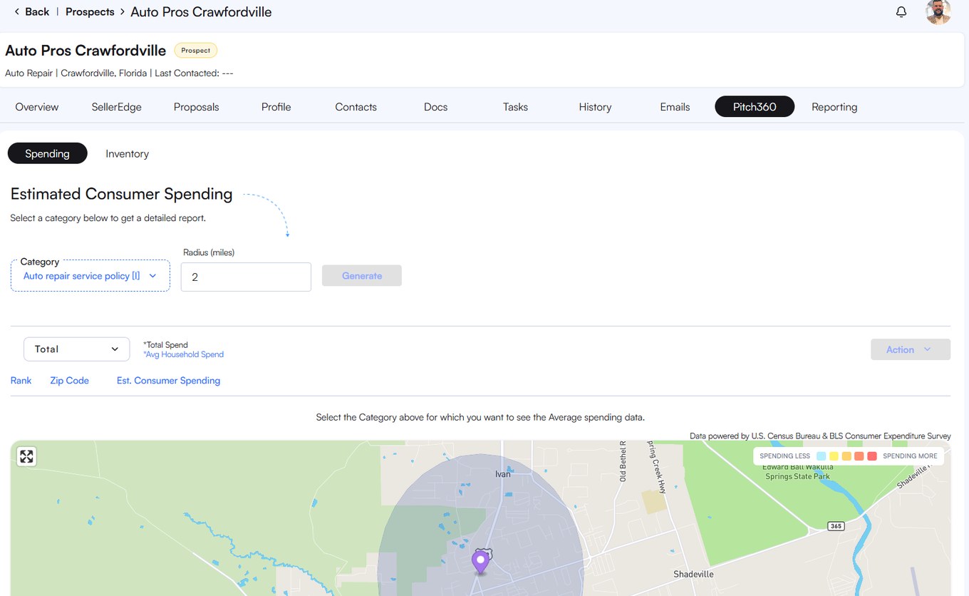 Estimated consumer spending report with category and radius controls over a spending heat map of the target area.