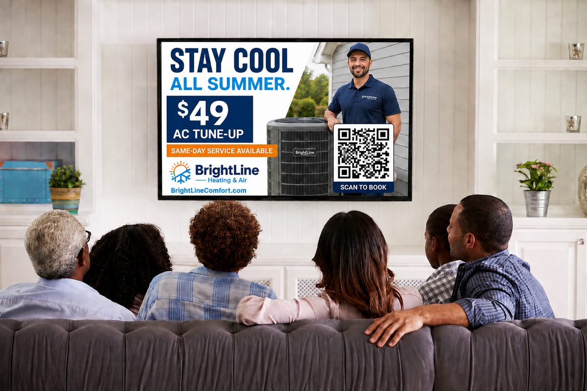 Streaming pause ad for a local heating and air company with a $49 AC tune-up offer and a scan-to-book QR code