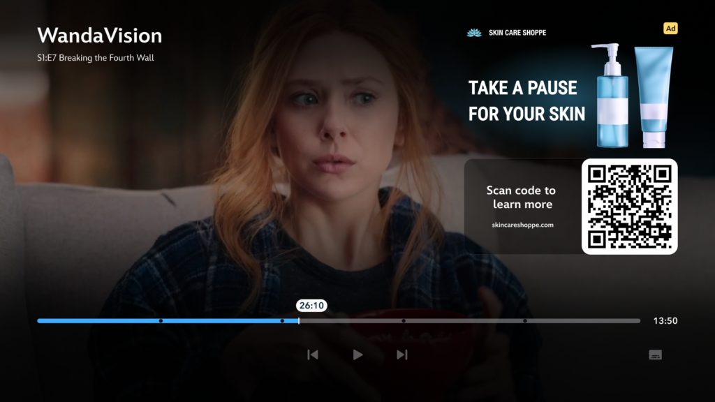Streaming pause ad for a skincare brand with product imagery and a scan-to-learn QR code