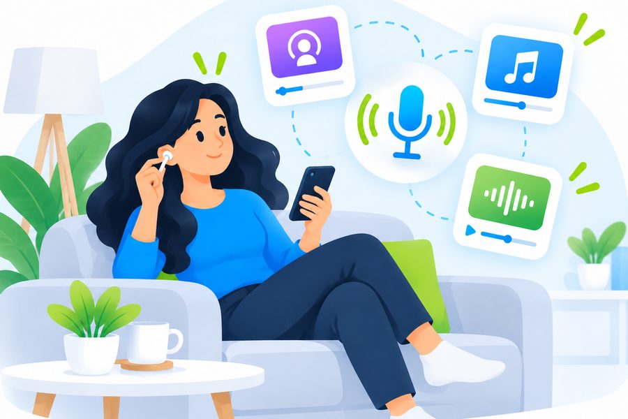 Woman putting in earbuds to listen to music and podcasts on her phone