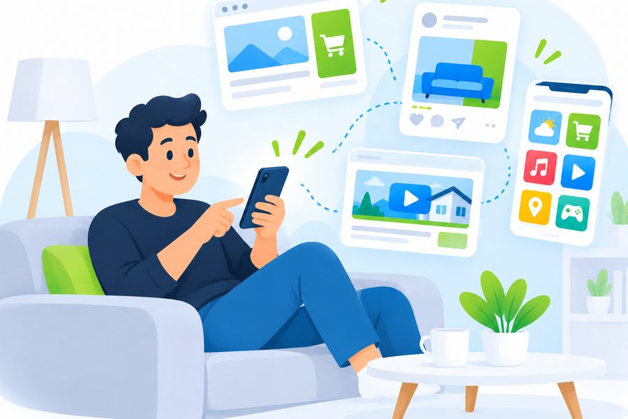 Man on his couch seeing ads on the websites and apps he uses