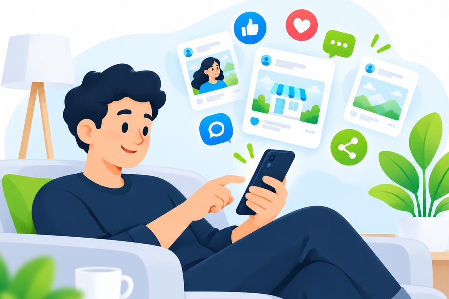 Man scrolling a social feed with a local business post and reactions