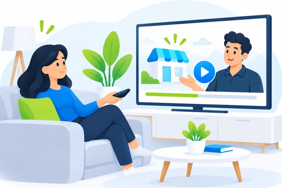 Woman on her couch watching a local business commercial on a streaming TV