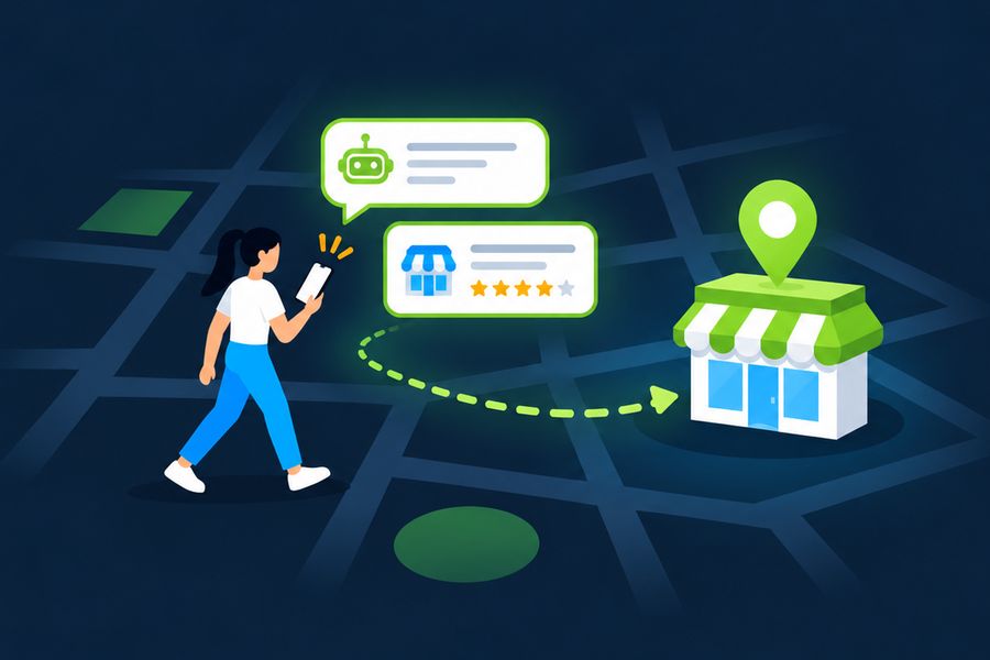 Shopper asking an AI assistant on her phone and being pointed to a local store