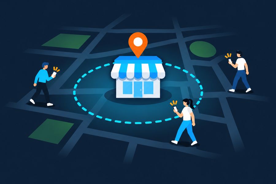 Shoppers walking near a store inside a dashed geofence circle