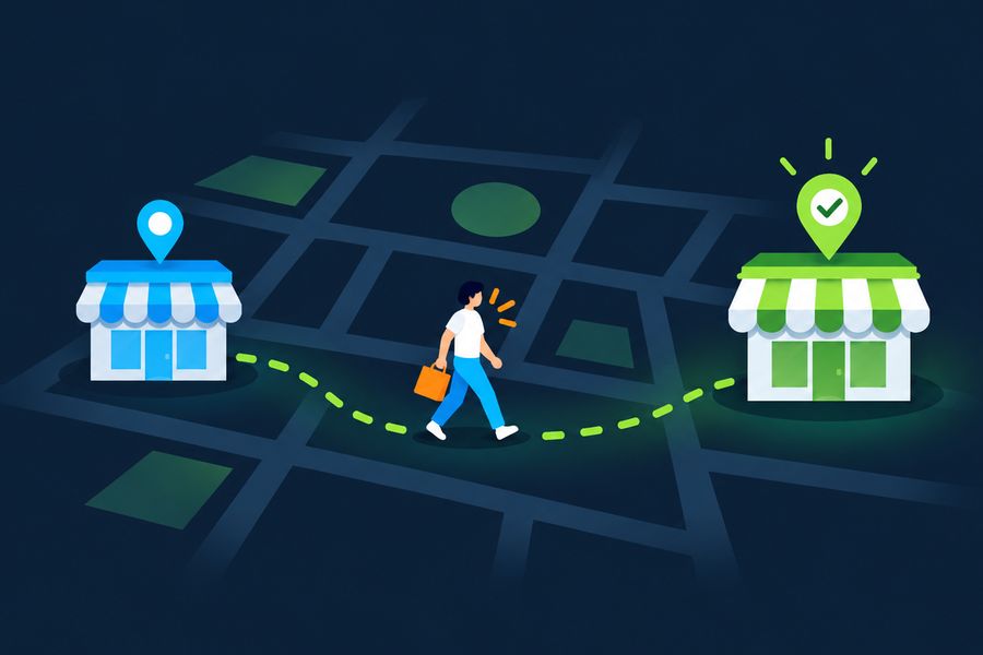 Shopper walking from a competitor store to a highlighted store with a check mark