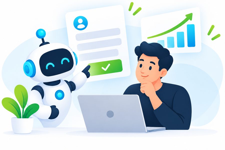 Friendly AI assistant pointing a business owner to a completed lead form