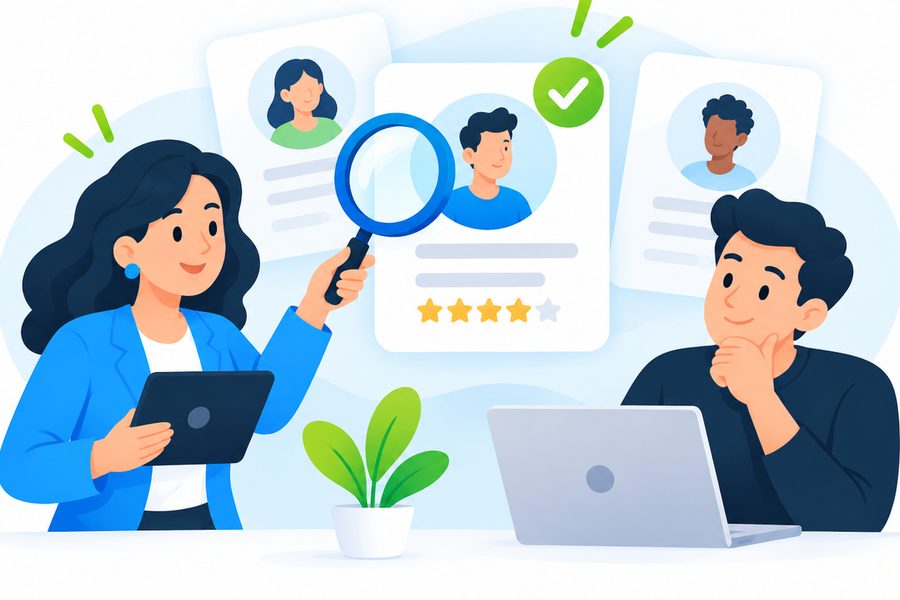 LocalLink 360° strategist reviewing candidate profiles with a business owner