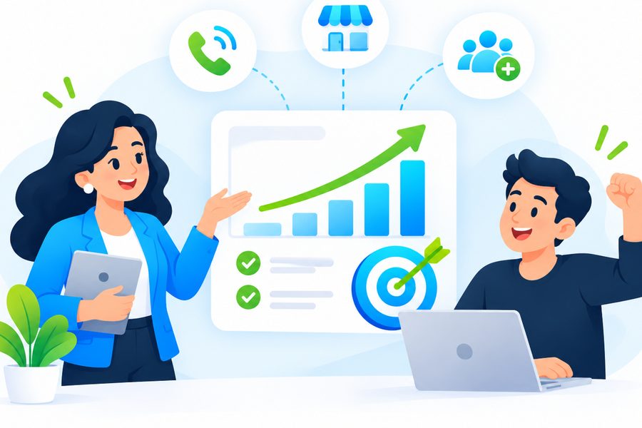 Strategist showing a business owner a rising results chart of calls, store visits and new customers