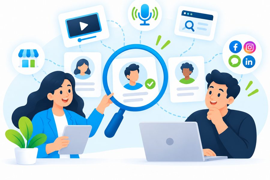 Strategist using a magnifying glass to pick out the right customers across TV, audio, web and social