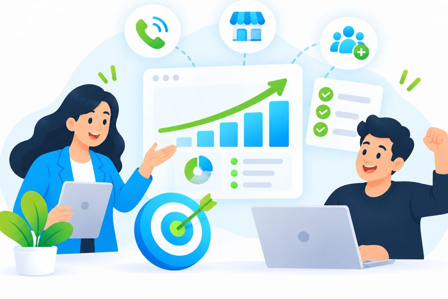 Business owner cheering at a growth plan with a checklist and target